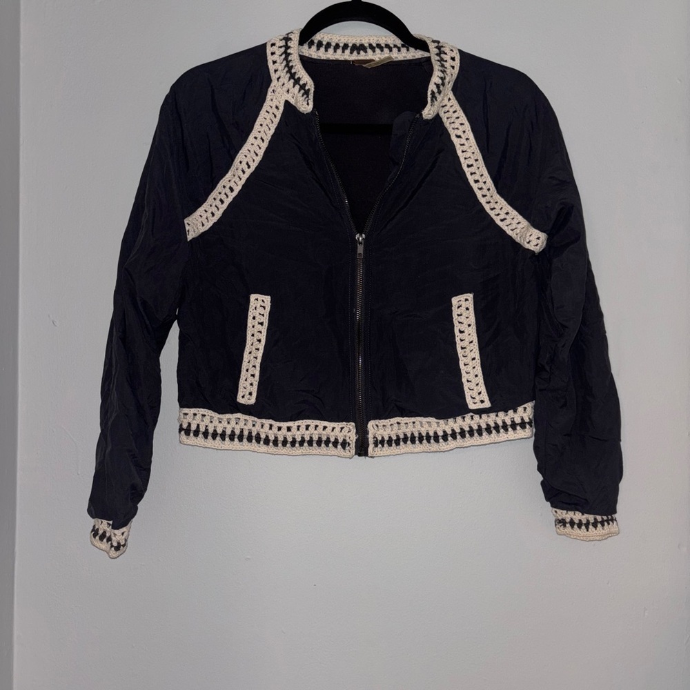 Free People Crochet Inset Baseball Jacket Long Sleeve Wash Black XS